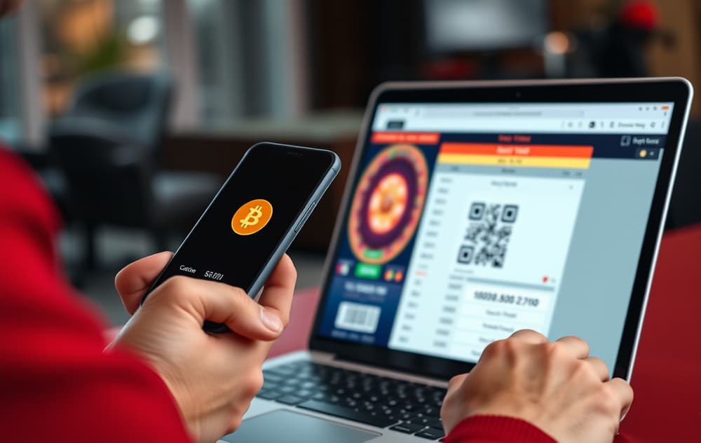 Person med mobiltelefon som skanner QR-kode for Bitcoin-innskudd på et nettcasino, med laptop synlig.