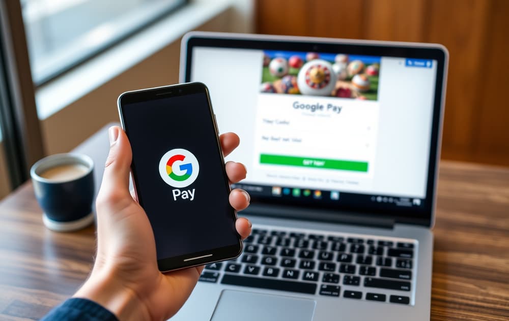 Hånd som holder Android-telefon med Google Pay-logo, foran en laptop med casino-kasse
