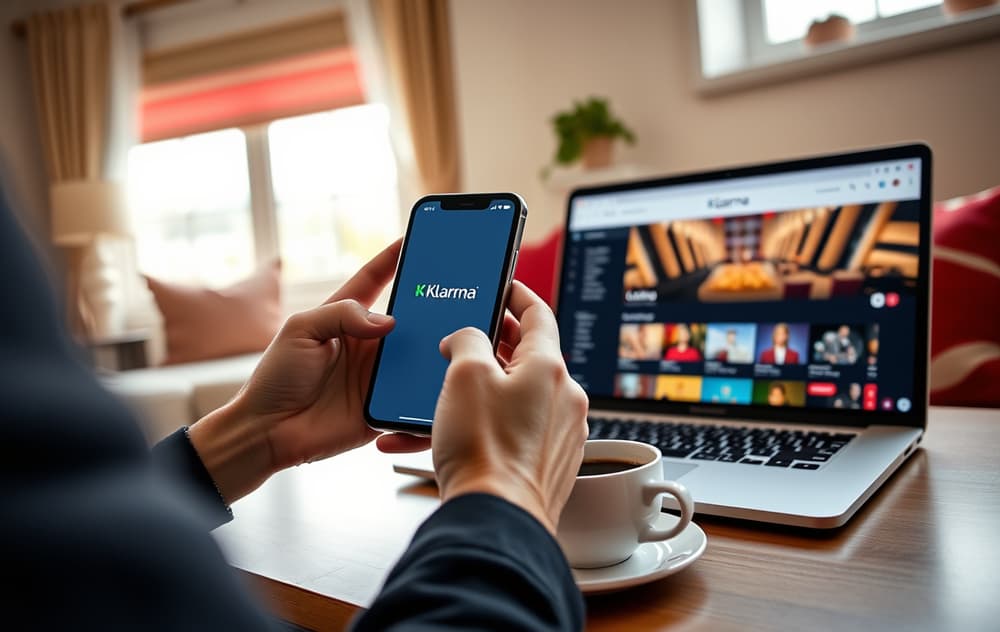 Person som bruker Klarna-appen på mobilen ved siden av en laptop med casino-side