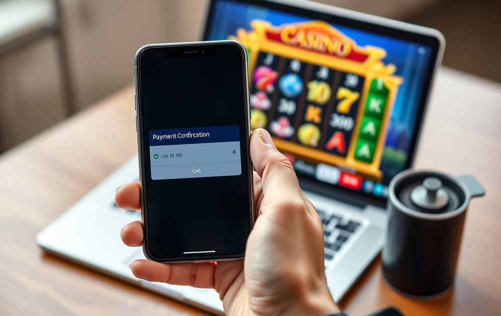 Person som betaler på casino med mobiltelefon – Vipps eller Apple Pay – mens en laptop viser spilleautomater.