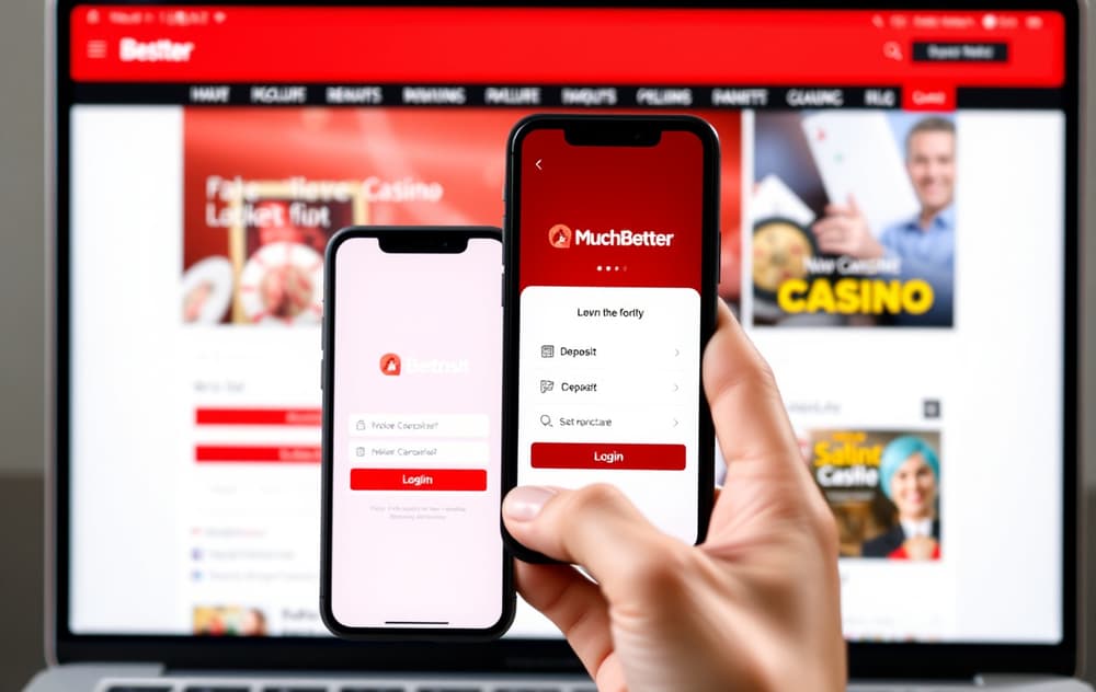 Mobiltelefon med MuchBetter-appen og et casino nettsted i bakgrunnen