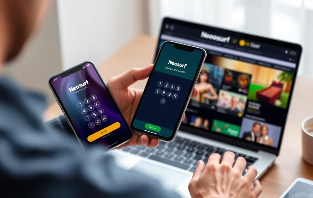 Person med Neosurf-app på mobilen og casino på PC-en