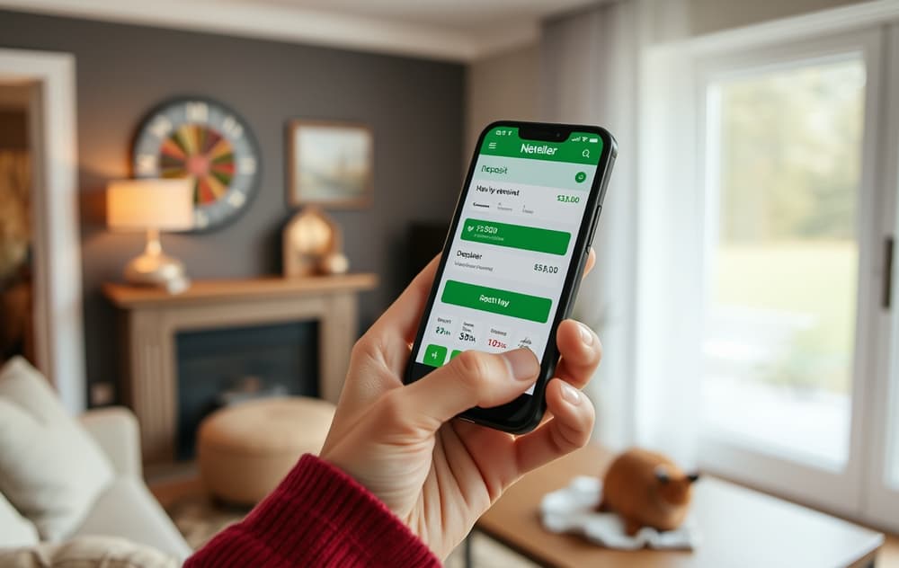 Person med mobiltelefon som viser Neteller-appen og casinoinnskudd på skjermen.