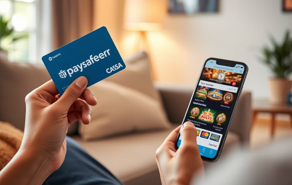 En person holder en Paysafecard-kupong og en mobiltelefon med casino-kasse, sittende i en stue.