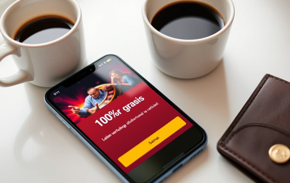 Smarttelefon med 100 kr gratis bonus-varsling, kaffekopp og lommebok på bordet.