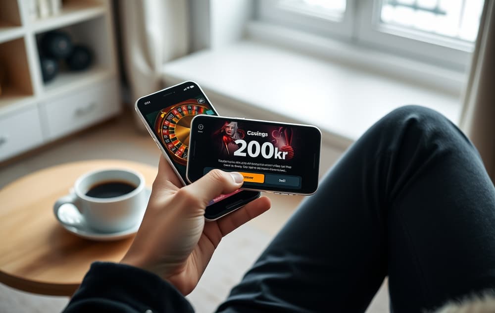 En person som holder en smarttelefon med en 200 kr gratis bonus-melding fra et nettcasino, i en norsk stue.