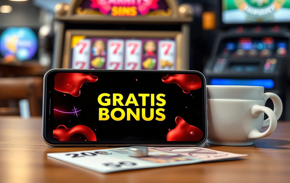 Smarttelefon som viser et gratistilbud fra et nettcasino, med norsk pengeseddel og kaffekopp på trebord