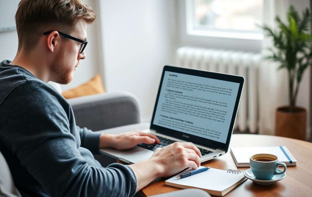 Norsk spiller leser bonusvilkår på laptop med kaffekopp og notatblokk