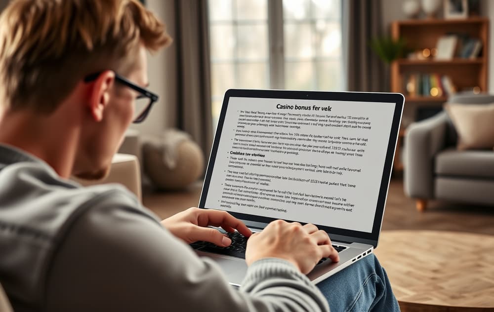 En person leser vilkårene for en velkomstbonus på en laptop i en stue.