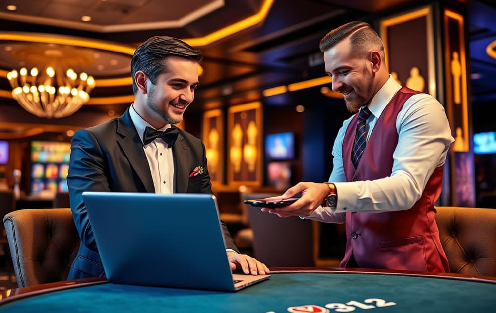 VIP-spiller i eksklusiv lounge med personlig VIP-manager foran en laptop med casinospill.