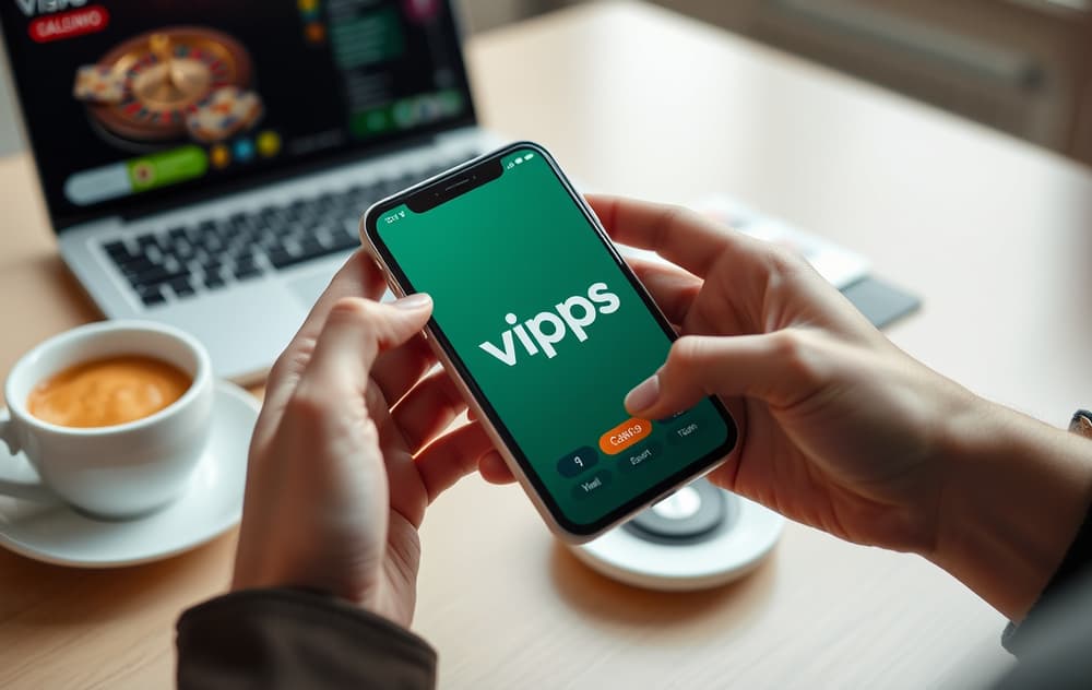 Person som betaler med Vipps på mobilen foran en laptop, med kaffekopp på bordet