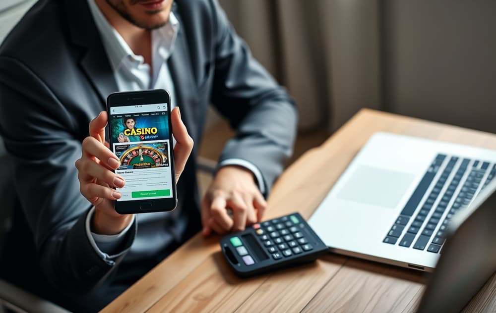 En person sjekker lisensinformasjon på et nettcasino via mobil og laptop, med kalkulator og notatblokk for å vurdere bonusvilkår