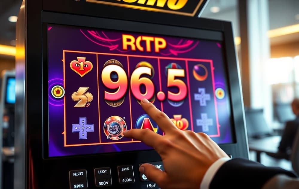 Spilleautomat med RTP 96,5% vist på skjermen, og en hånd som trykker på spinnknappen.