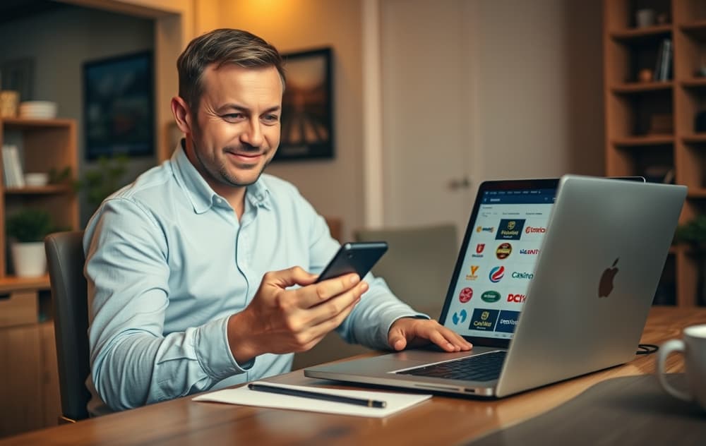 Norsk mann sammenligner casinoer på mobil og laptop hjemme