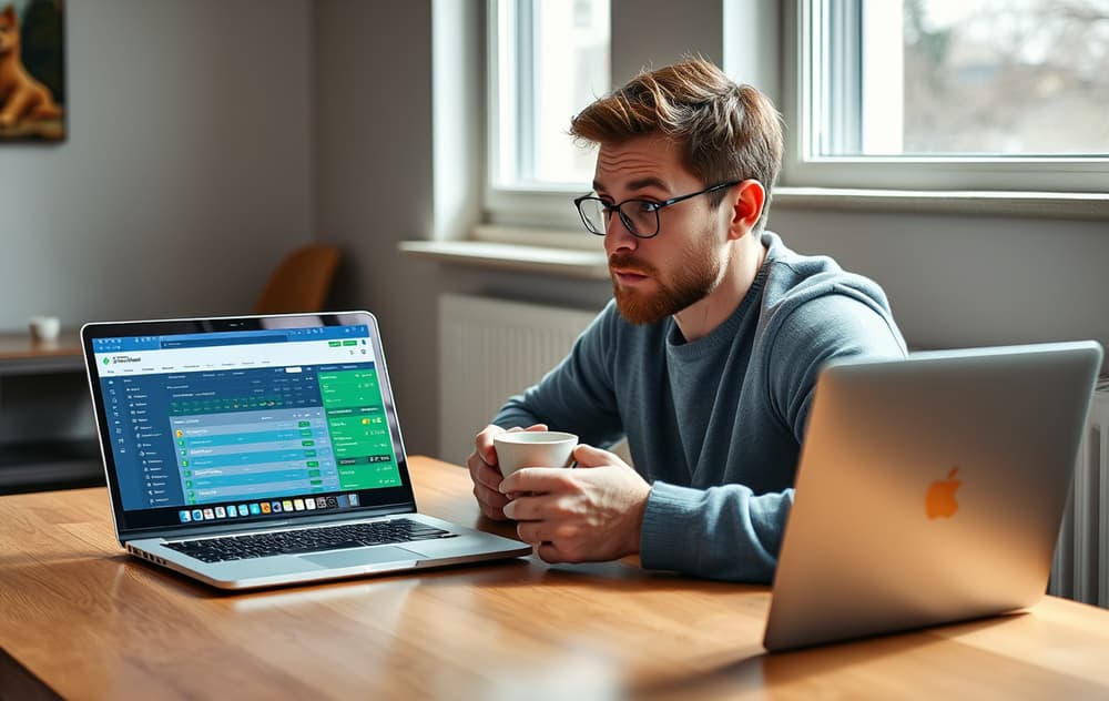 En person sammenligner odds på to dataskjermer med ulike bettingsider