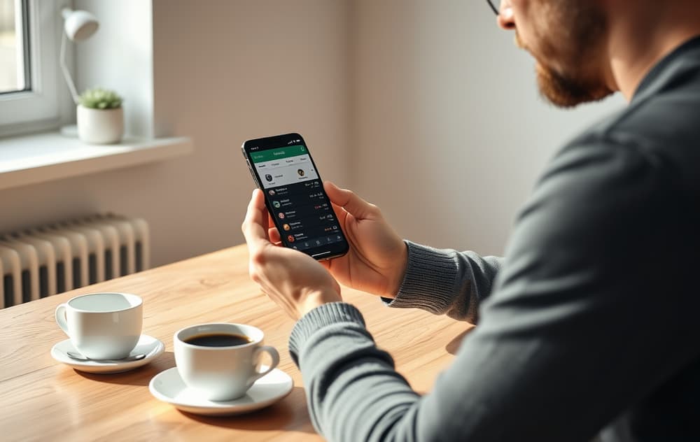 Person som sammenligner odds på mobilen med kaffekopp på bordet