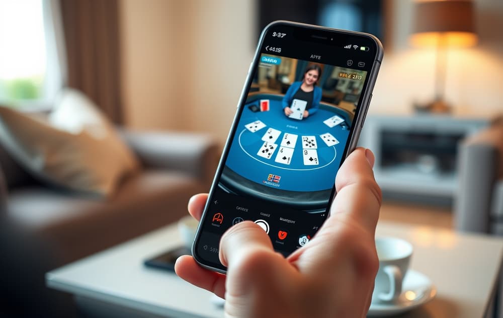 Person som spiller live blackjack på mobiltelefon i en stue