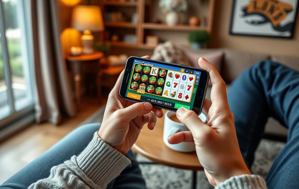 Person som spiller på mobilcasino i stuen