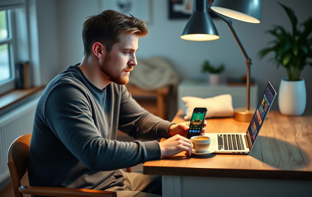 Mann som sitter ved et skrivebord og spiller på nettcasino på laptopen, med kaffekopp og mobiltelefon.