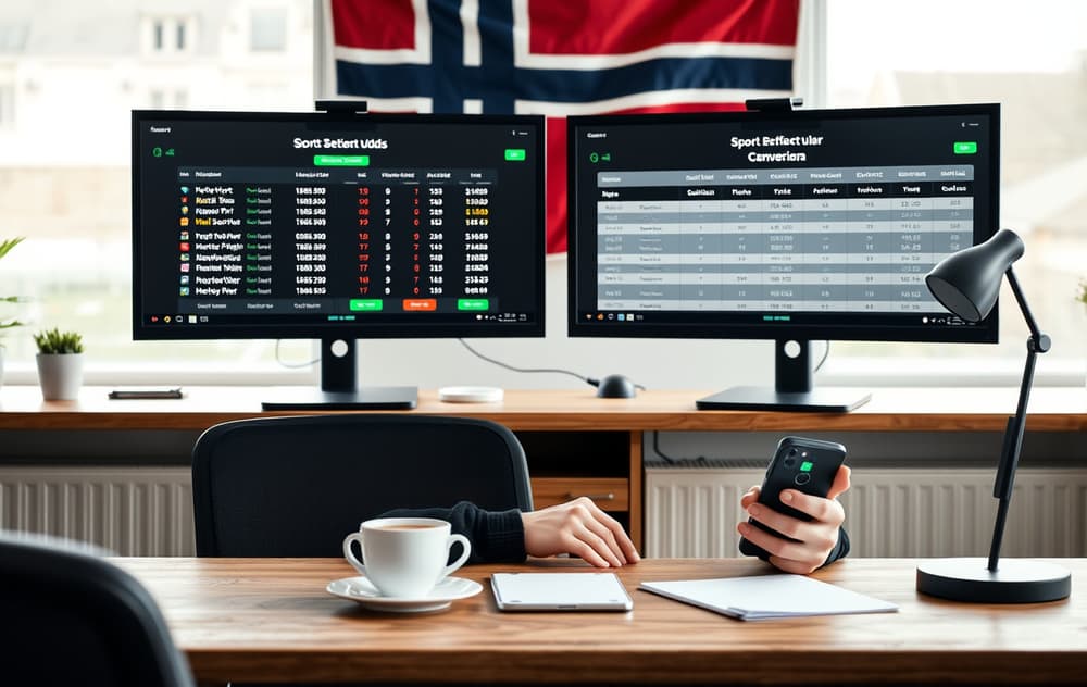 Person som sammenligner odds på to skjermer med en kopp kaffe – norsk bettingmiljø.