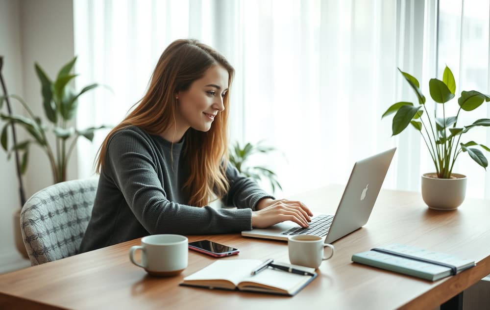 Person som sjekker en vellykket utbetaling på mobilen, med laptop og kaffekopp på skrivebordet.
