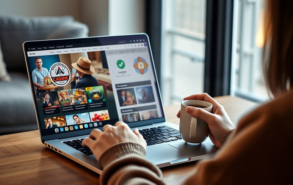 Person som sammenligner trygge casinoer på nettet med kaffe og skjerm som viser lisenslogo