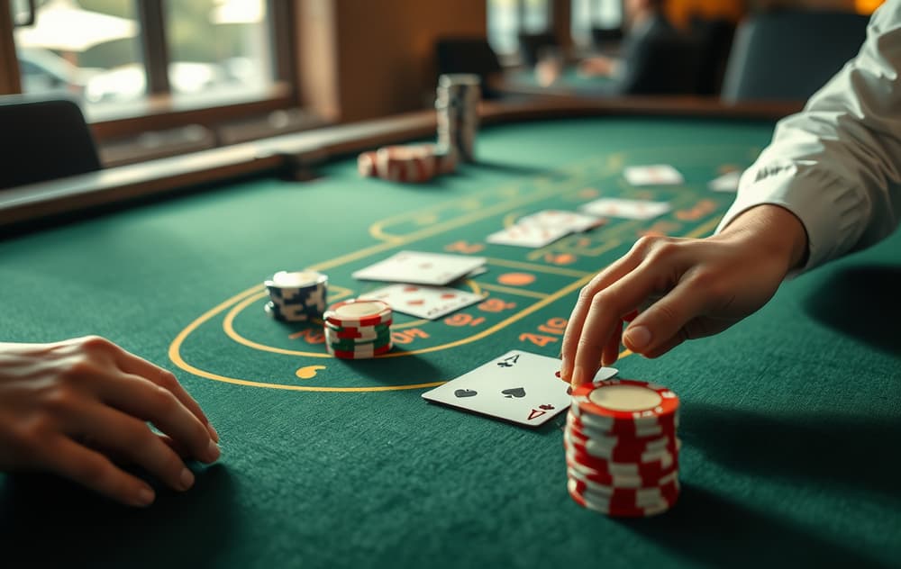 Nærbilde av blackjack-bord med kort og sjetonger på grønt filt