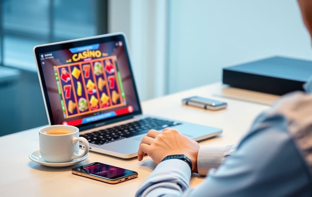 Person som spiller casinospill på nett på en bærbar PC, med kaffekopp og mobiltelefon på skrivebordet.