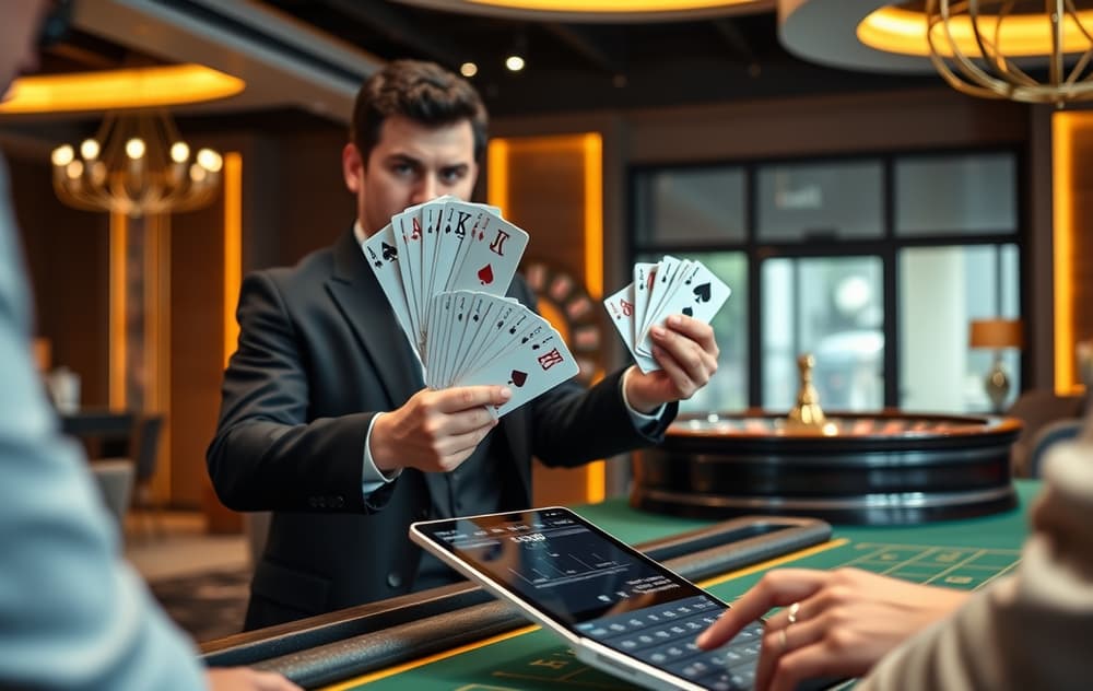 Live casino med dealer og norsk spiller i et moderne studio