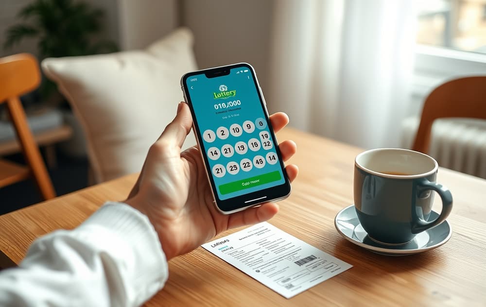 Person med mobiltelefon som viser lotto-app, kaffekopp og lodd på bordet